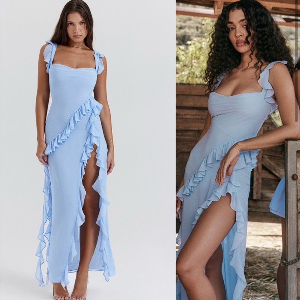 House of CB Ariela Elegant Blue Ruffle Maxi Dress